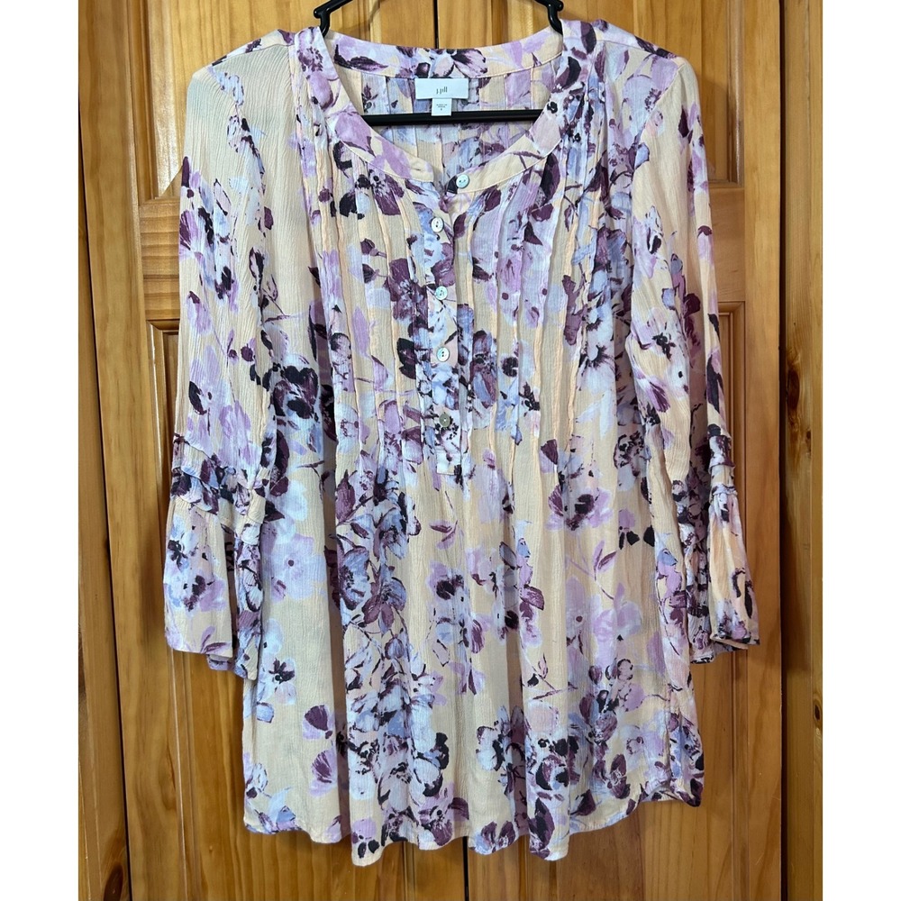 J. Jill Womens Small Floral Pintucked Bell Sleeve Blouse 3/4 Sleeve Button Front